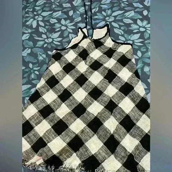 Anthropologie Cloth & Stone Black White Gingham Buffalo Check Fringed Dress M - Picture 3 of 3